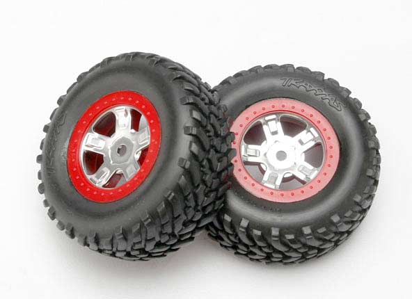 Tires and wheels, assembled, glued (SCT satin chrome wheels, red beadlock style, SCT off-road racing tires, foam inserts) (1 each, right & left)